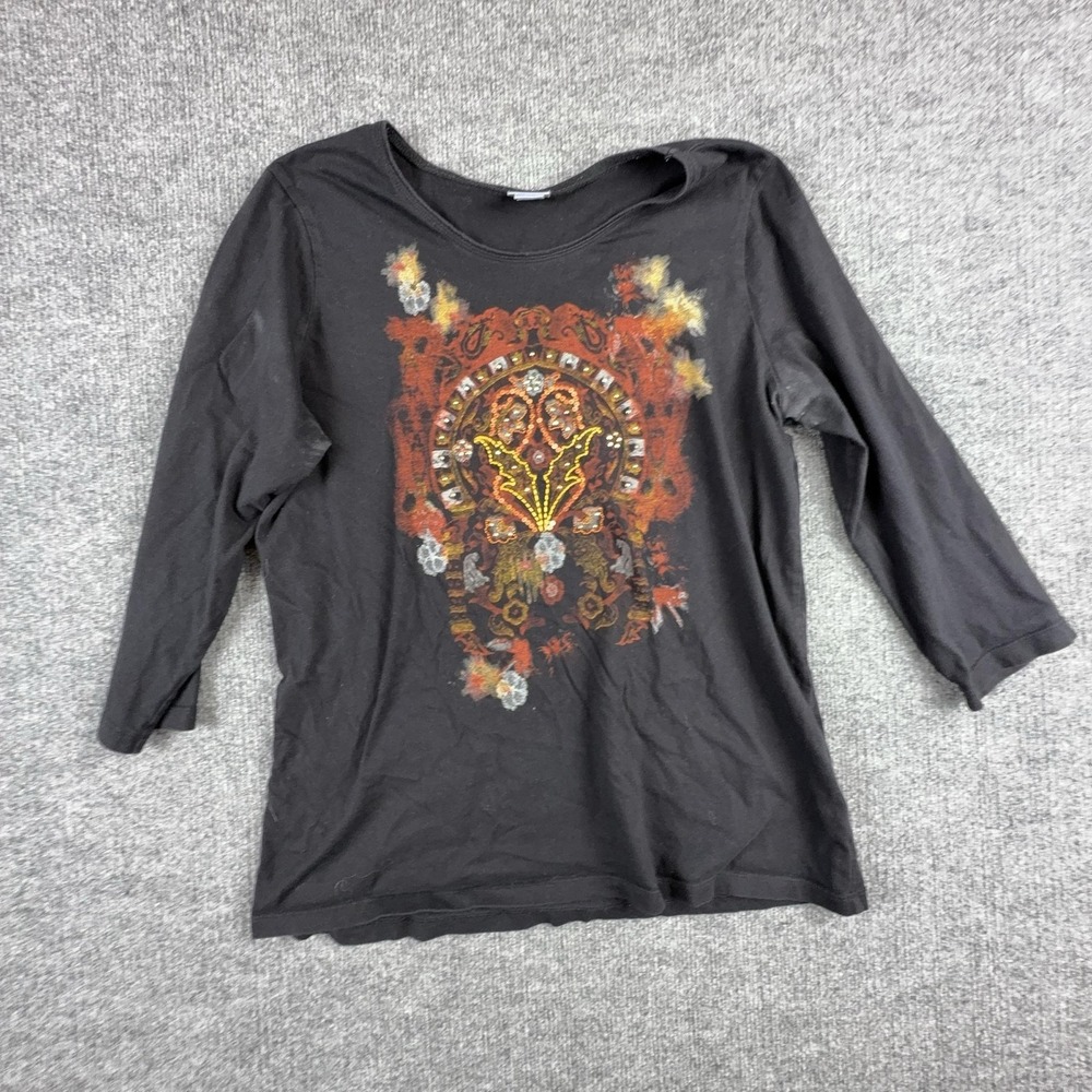 Laura Scott Shirt Womens Large Black Paisley Rhinestone 3/4 Sleeve Cotton Top